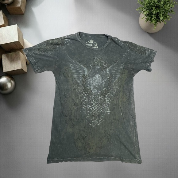 Helix Other - Helix Mens Y2K Graphic T Shirt Gray Faded Fleur De Lis Wing Studded Medium